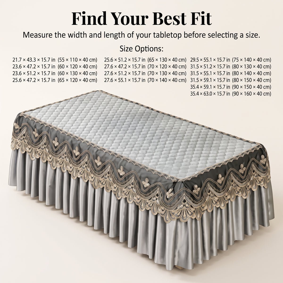 Quilted Velvet Table Cover with Embroidered Lace & Pleated Skirt