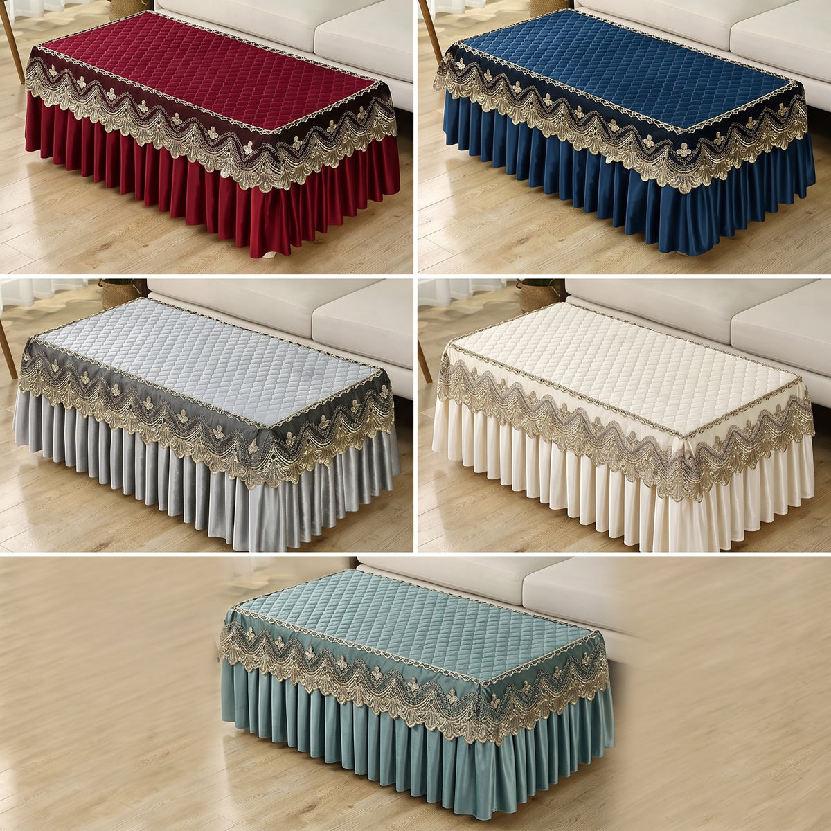 Quilted Velvet Table Cover with Embroidered Lace & Pleated Skirt