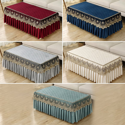 Quilted Velvet Table Cover with Embroidered Lace & Pleated Skirt