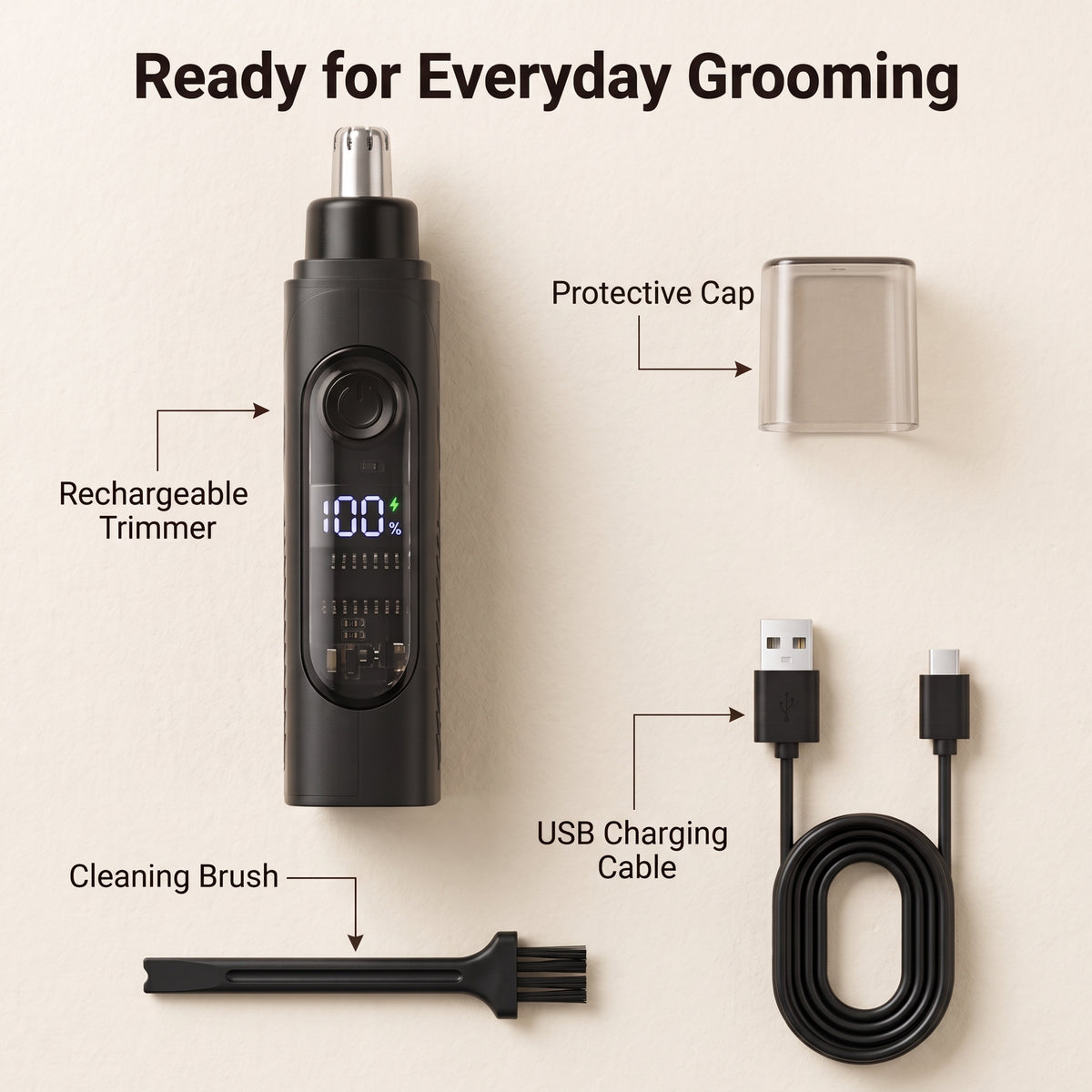 Rechargeable 360° Rotary Nose & Ear Hair Trimmer with Digital Display