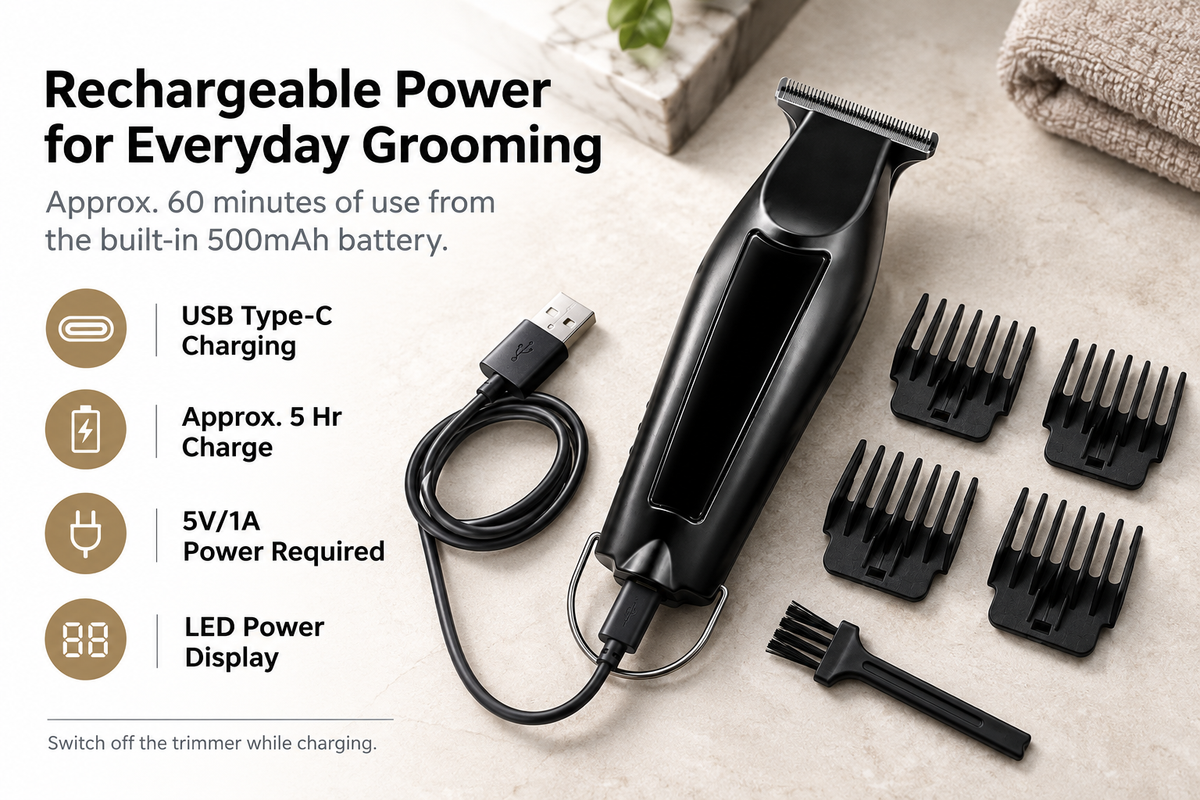 Mini T-Blade Hair Trimmer with LED Display & 4 Guide Combs