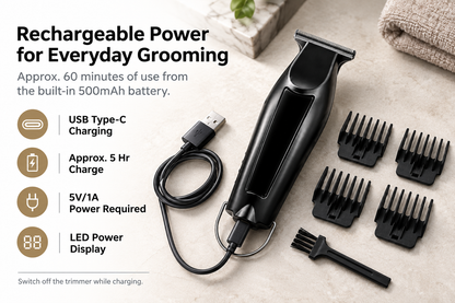 Mini T-Blade Hair Trimmer with LED Display & 4 Guide Combs