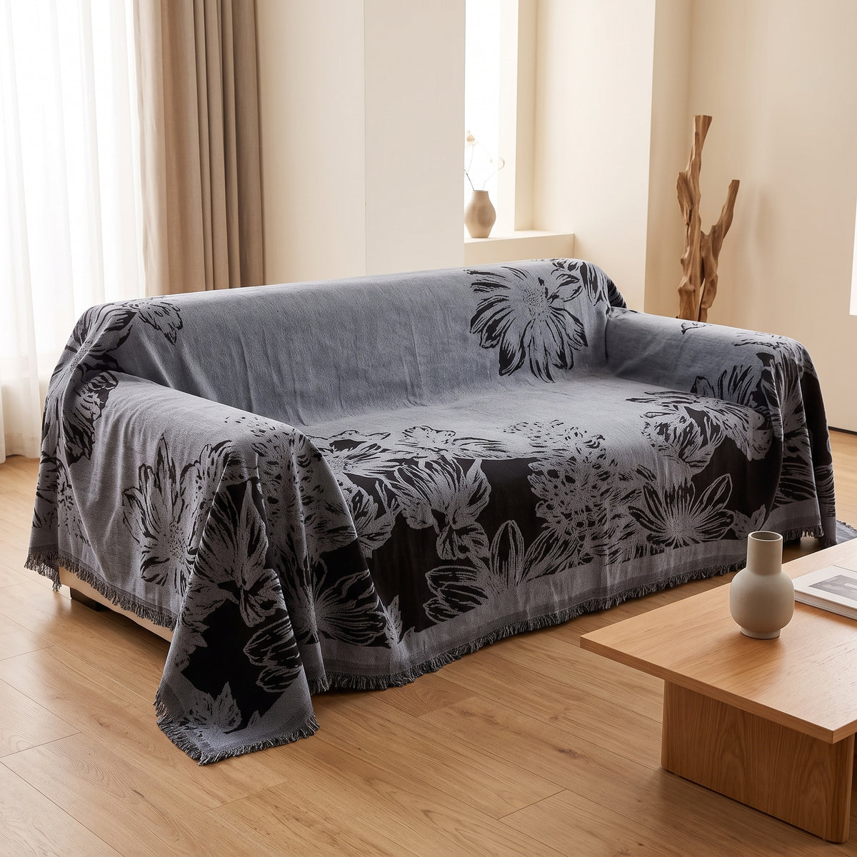 Retro Floral Fringed Sofa Cover Throw