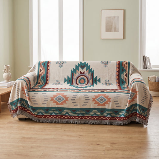 Reversible Jacquard Woven Sofa Cover Throw with Fringe