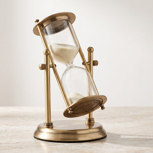 Rotating Brass & Glass Hourglass Timer with Display Stand