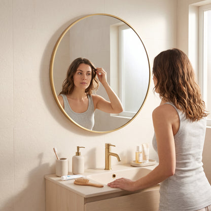 Round Tempered Glass Metal Frame Wall Mirror for Bathroom & Vanity