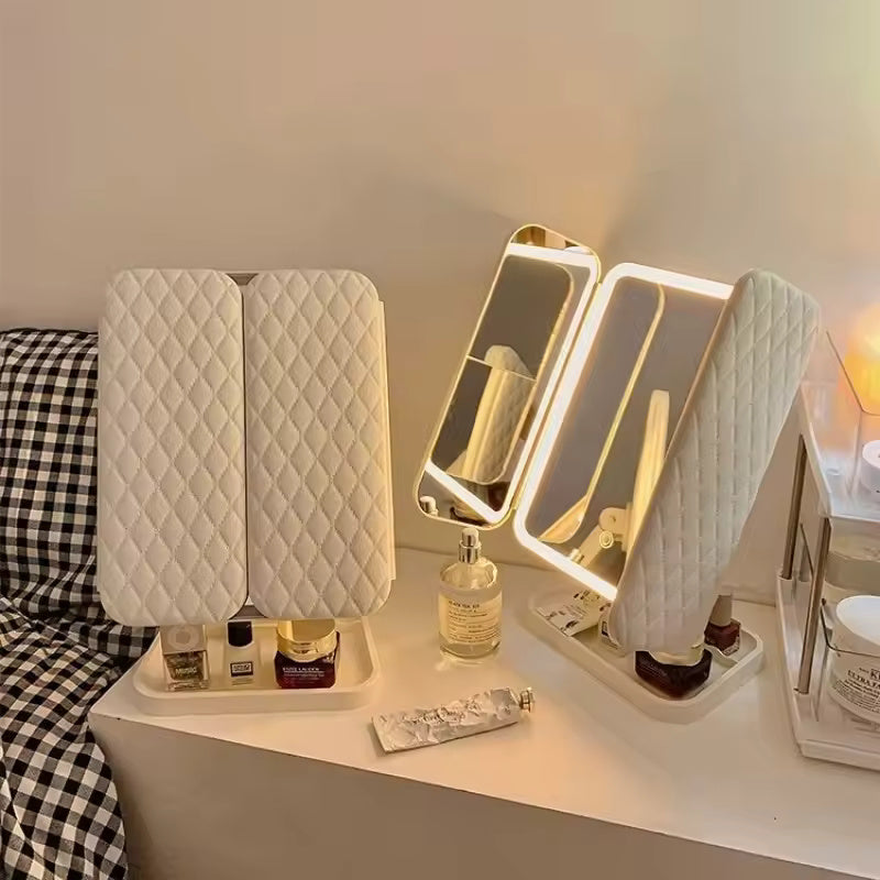 LED Tri-Fold Vanity Makeup Mirror with Adjustable Lighting & Magnification Panels