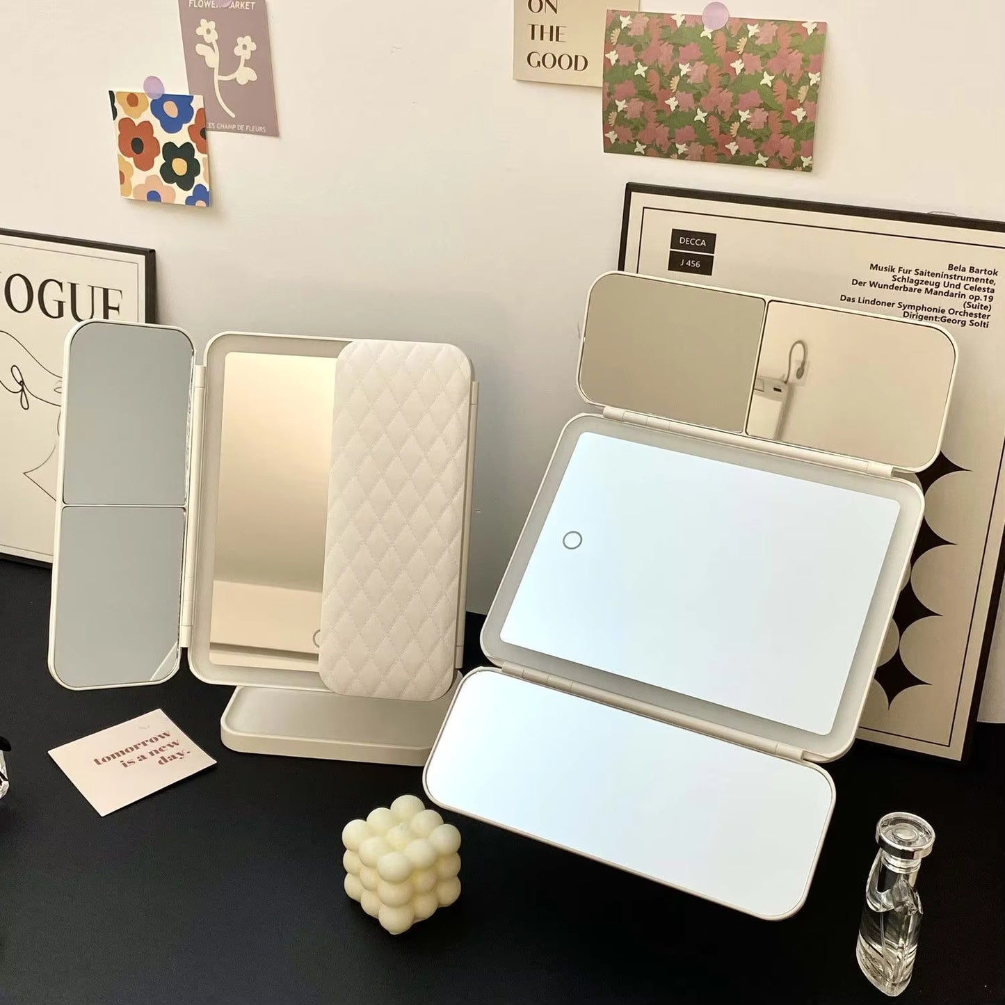 LED Tri-Fold Vanity Makeup Mirror with Adjustable Lighting & Magnification Panels