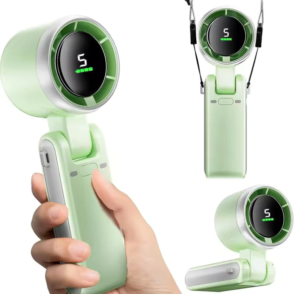 Portable Turbo Handheld Fan with Digital Display, Foldable Design, USB-C Rechargeable Cooling Fan for Travel and Everyday Use