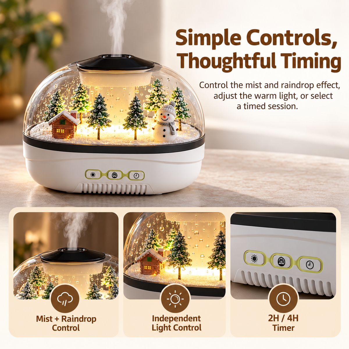 Snow Scene Ultrasonic Raindrop Humidifier with Warm Ambient Light