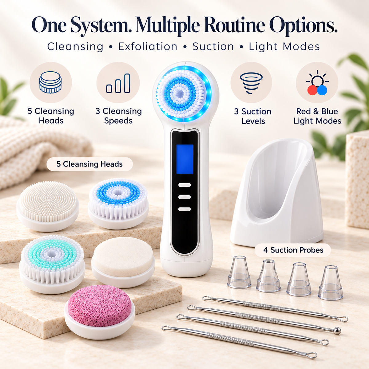 3-in-1 Rotating Facial Cleansing Brush With Suction & Light Modes