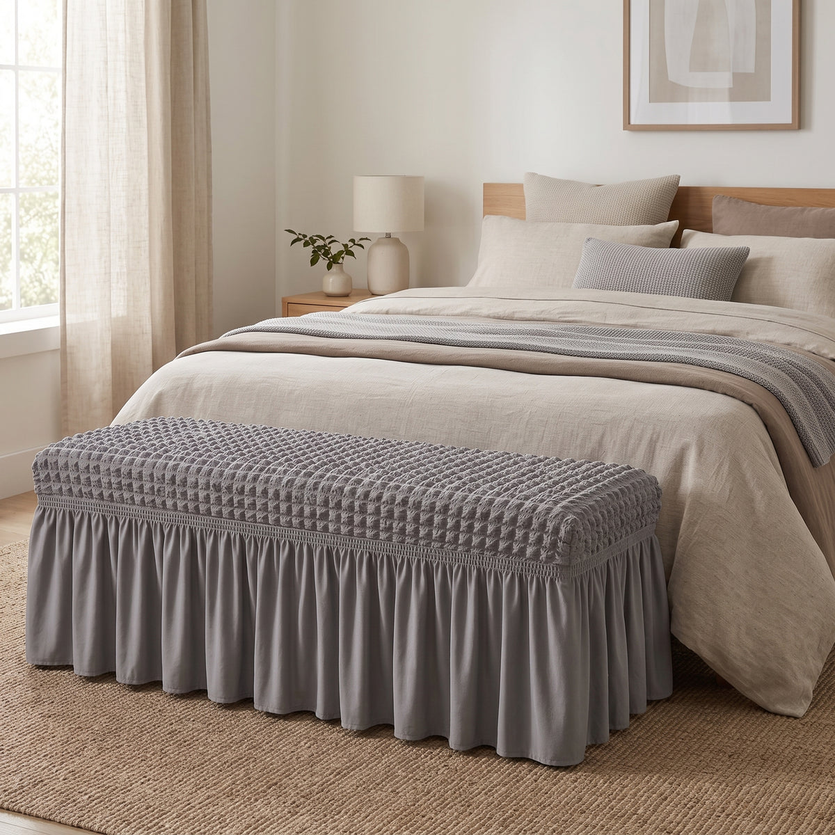 Stretch Textured Bench Cover with Ruffled Skirt