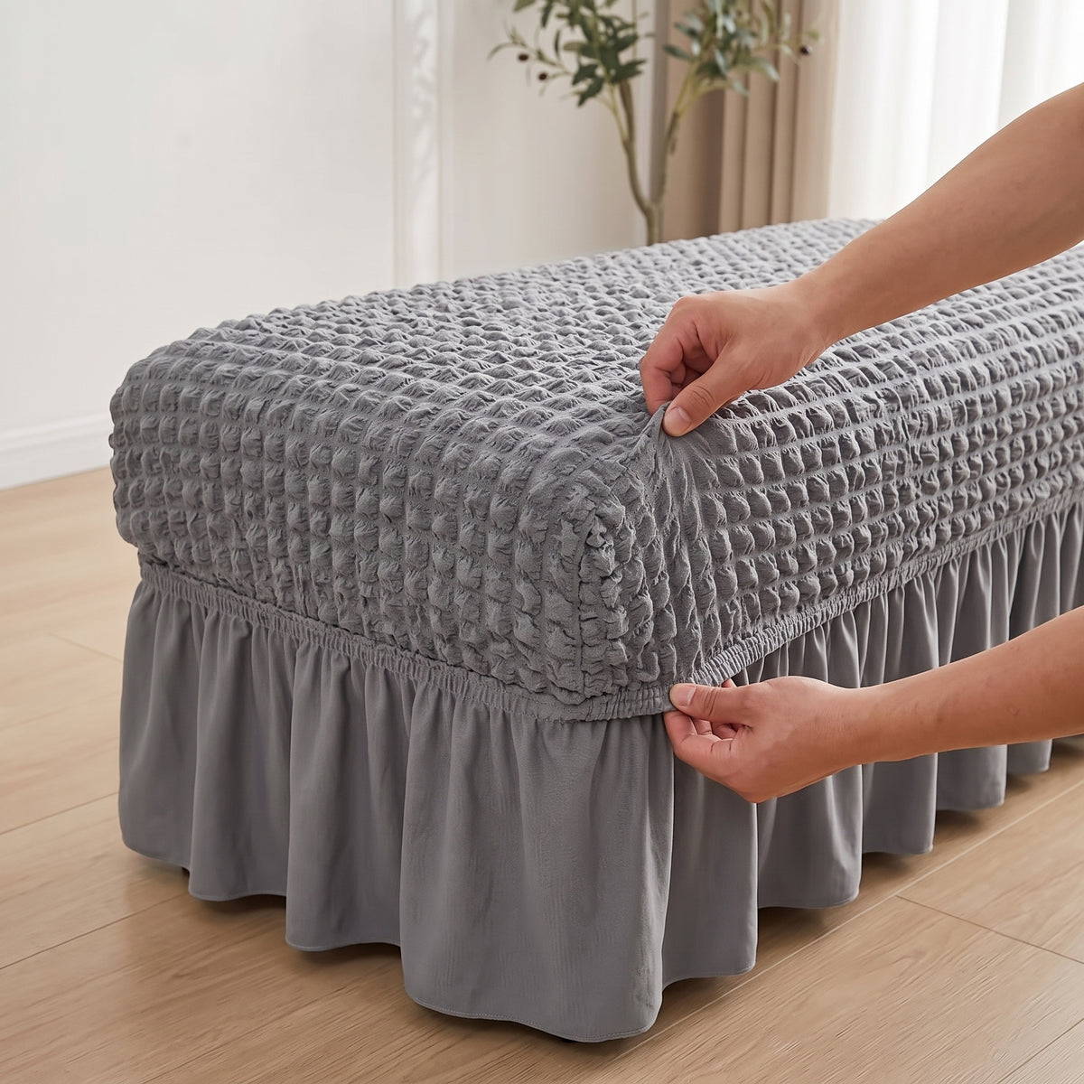 Stretch Textured Bench Cover with Ruffled Skirt