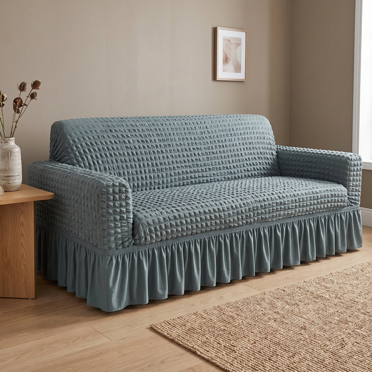 Stretch Textured Sofa Slipcover with Ruffled Skirt