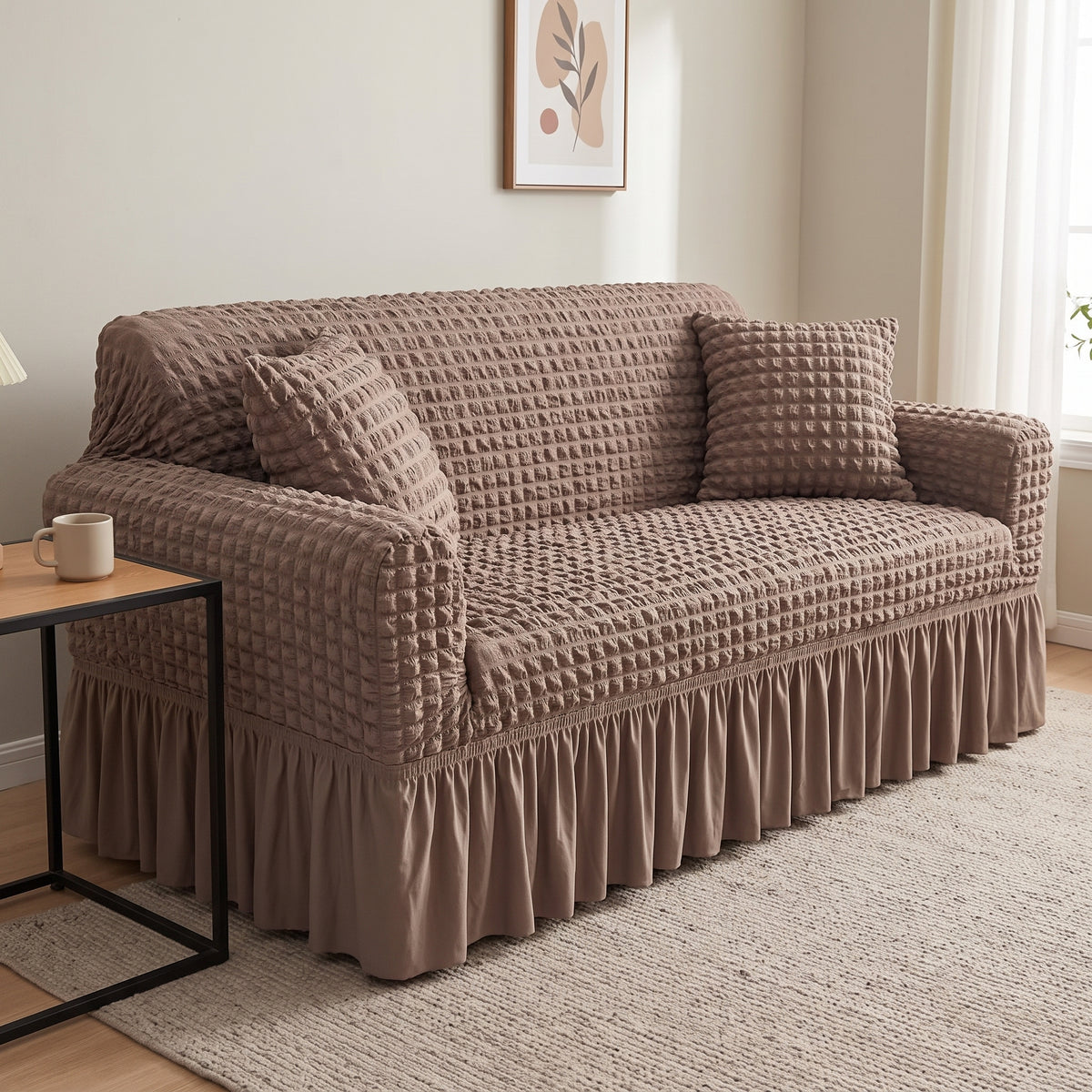 Stretch Textured Sofa Slipcover with Ruffled Skirt