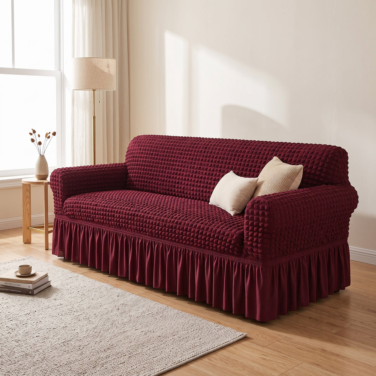 Stretch Textured Sofa Slipcover with Ruffled Skirt