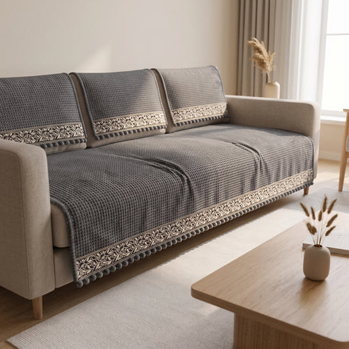 Textured Anti-Slip Sofa Protector Cover with Decorative Trim