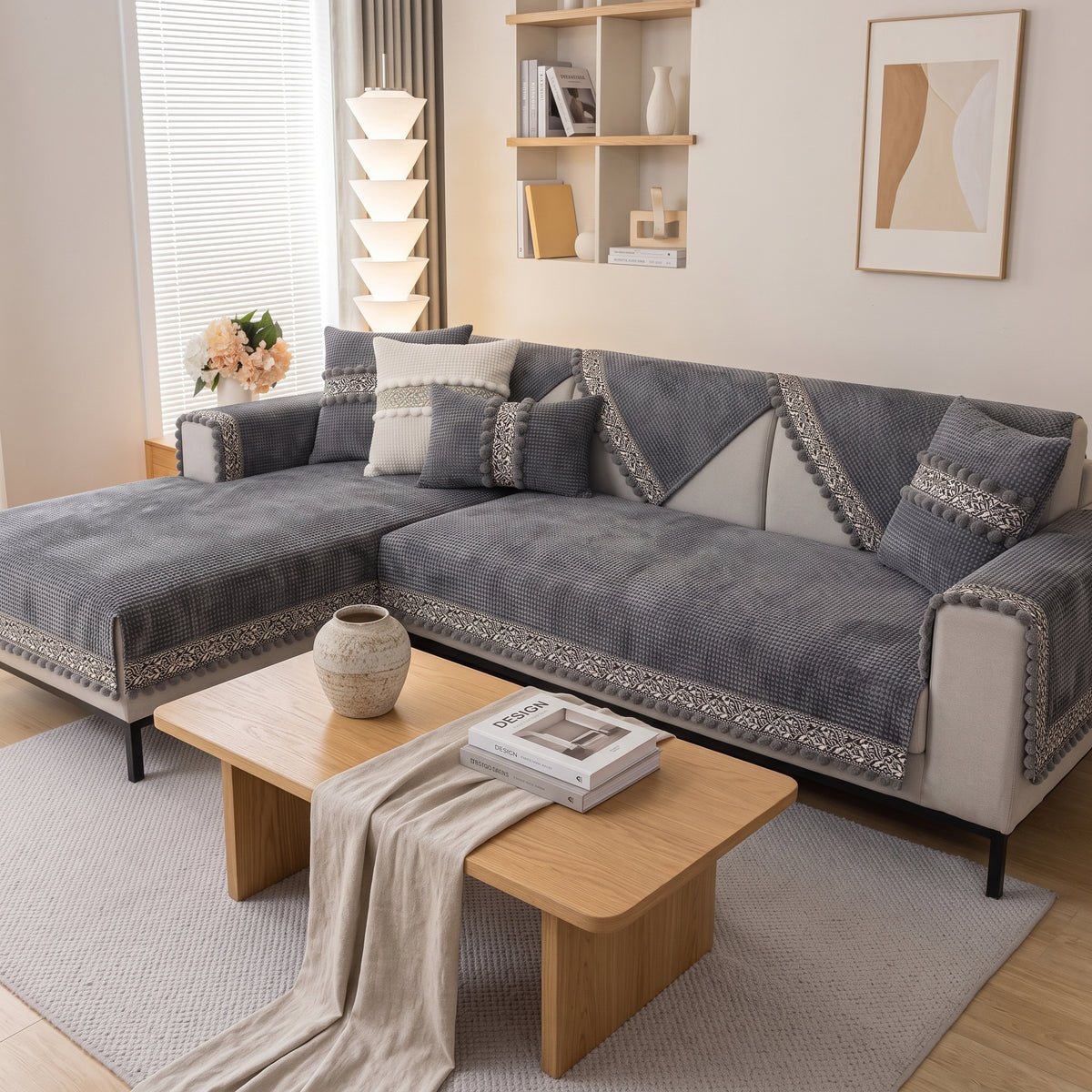 Textured Anti-Slip Sofa Protector Cover with Decorative Trim