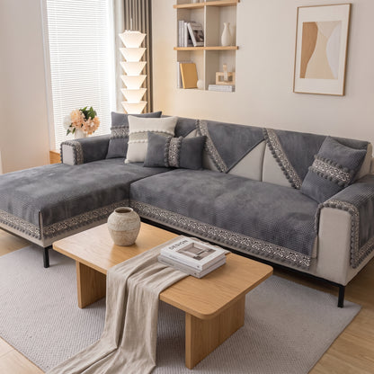 Textured Anti-Slip Sofa Protector Cover with Decorative Trim