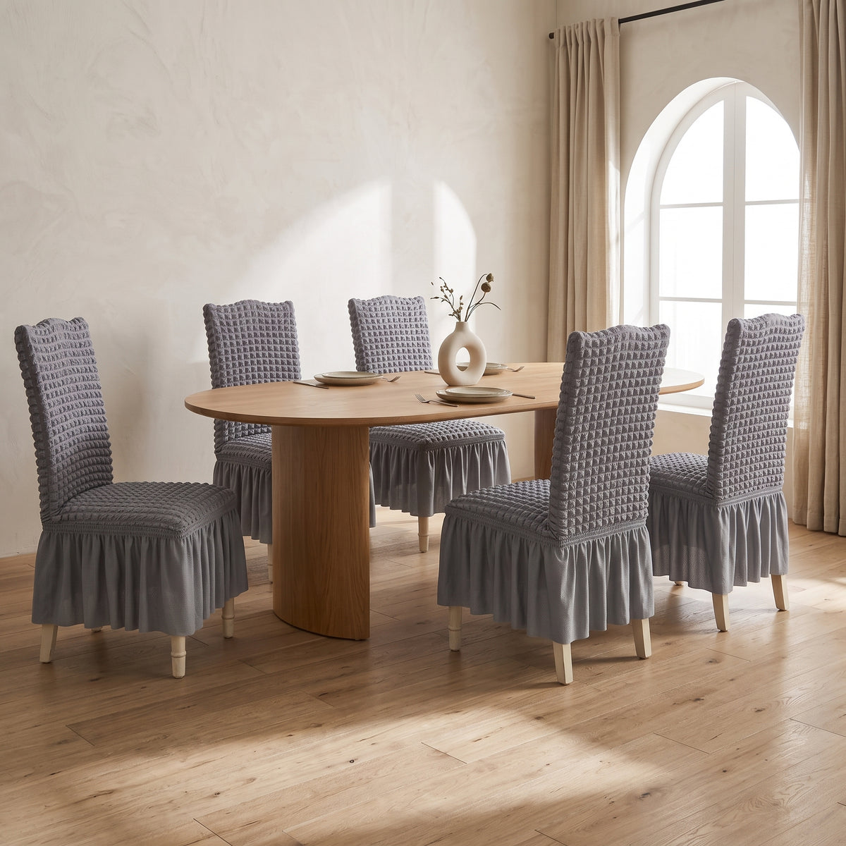 Textured Stretch Dining Chair Cover with Ruffled Skirt