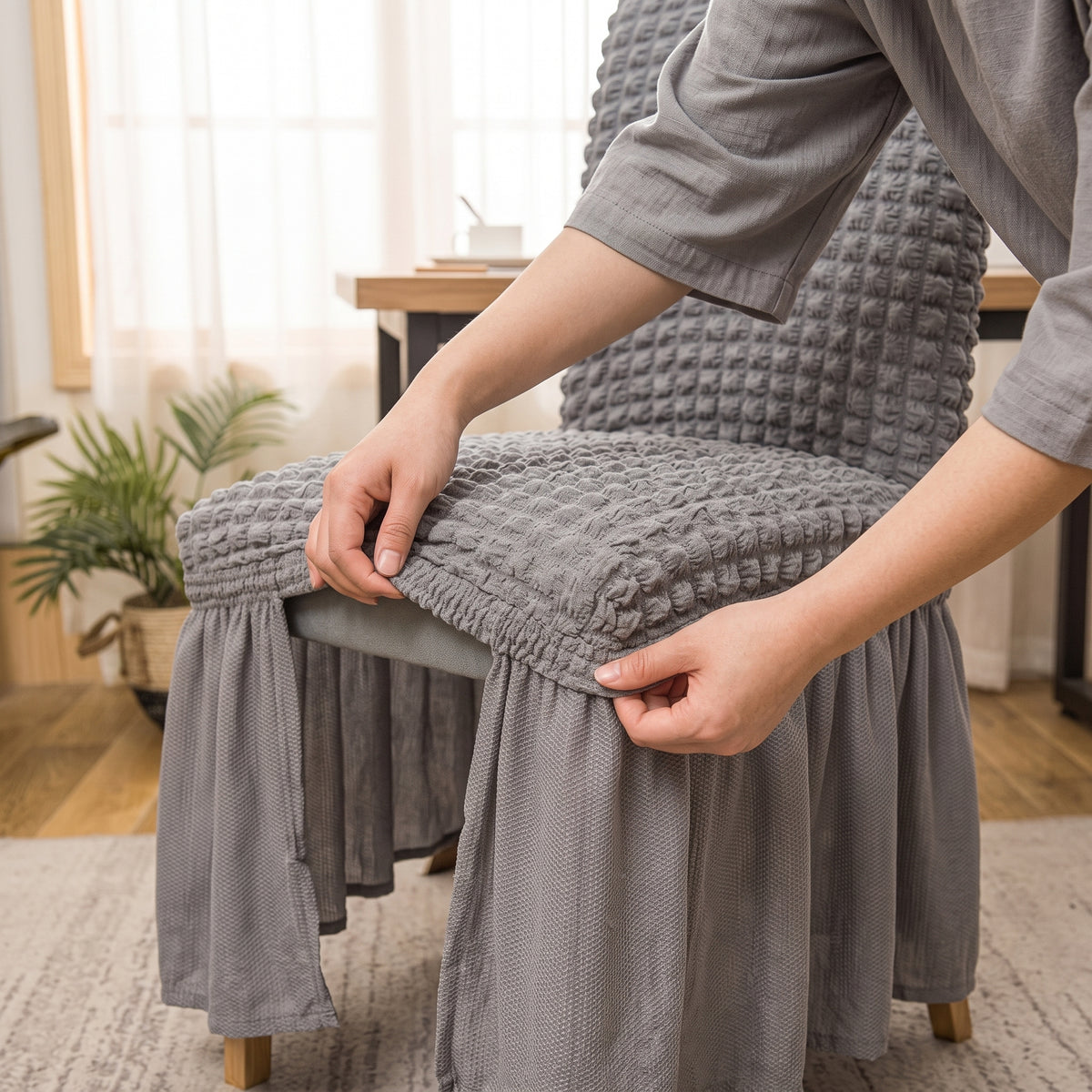 Textured Stretch Dining Chair Cover with Ruffled Skirt