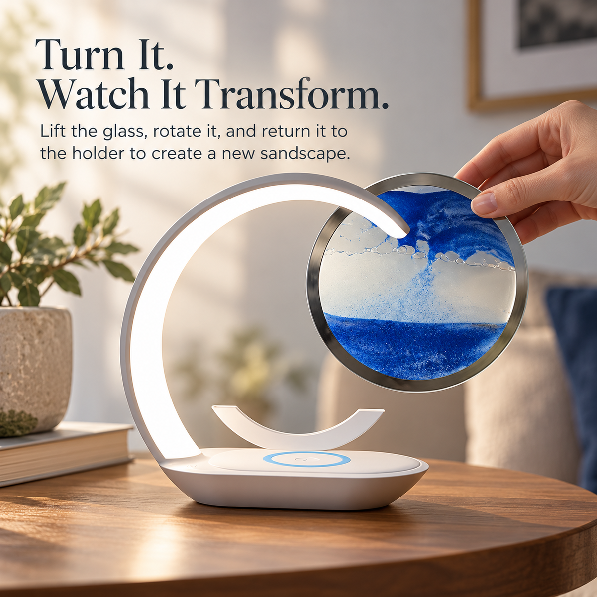 3-Color Rotating Quicksand Desk Lamp with 15W Wireless Charging