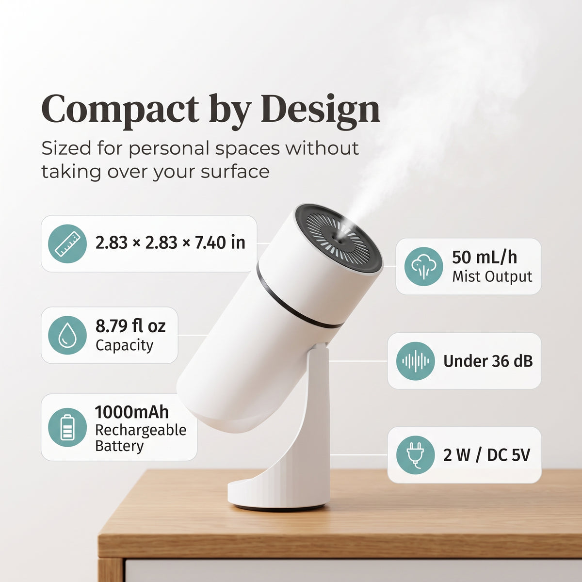 Ultrasonic Personal Humidifier with Adjustable Mist Angle & Ambient Light