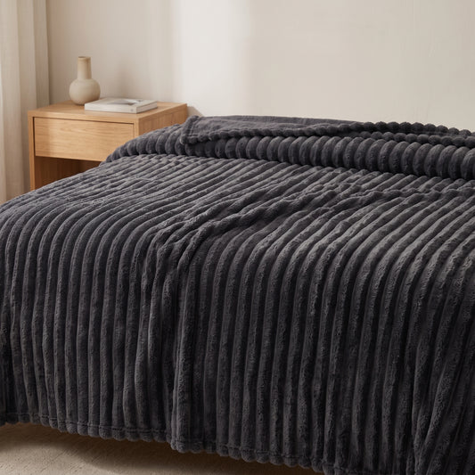 Wide-Ribbed Faux Rabbit Plush Blanket for Sofa & Bed