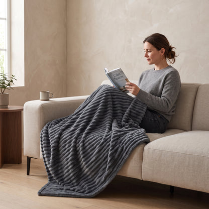 Wide-Ribbed Faux Rabbit Plush Blanket for Sofa & Bed