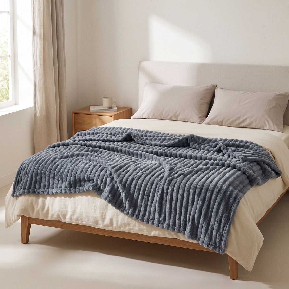 Wide-Ribbed Faux Rabbit Plush Blanket for Sofa & Bed