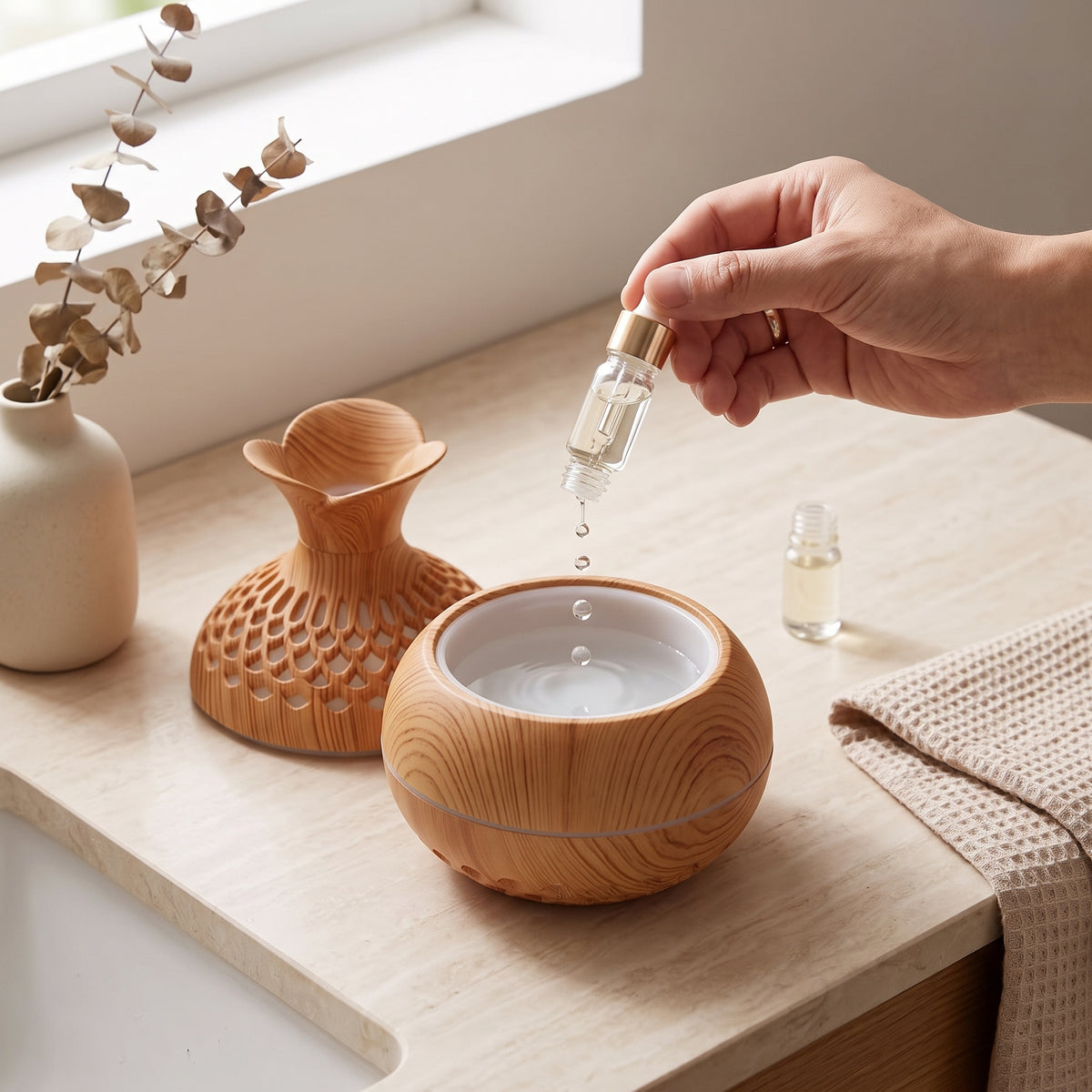 Wood Grain Ultrasonic Humidifier & Essential Oil Diffuser with Ambient Light