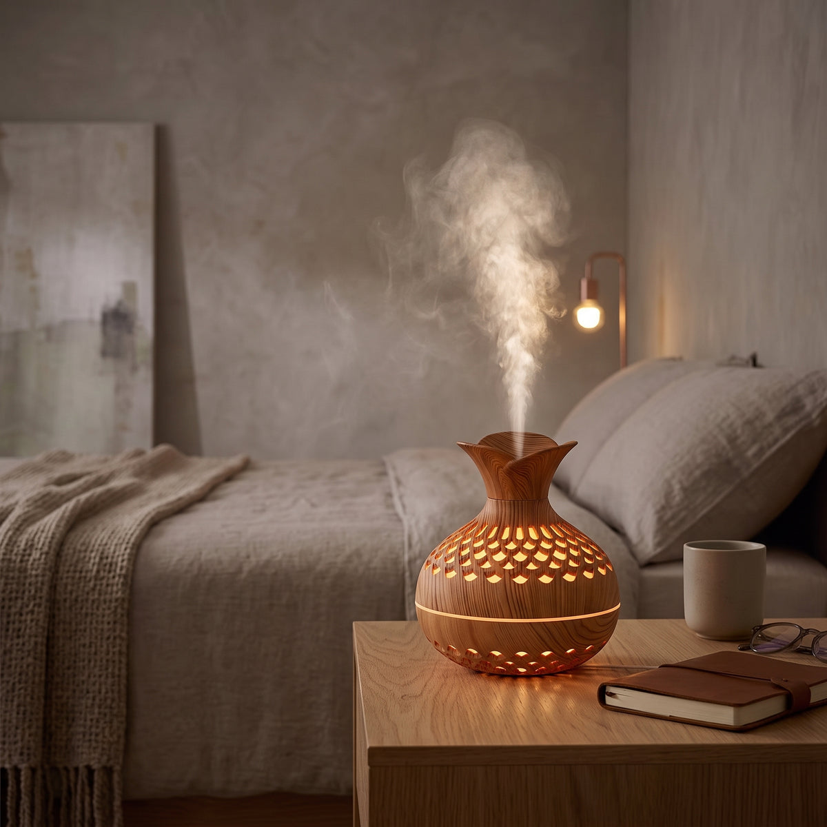 Wood Grain Ultrasonic Humidifier & Essential Oil Diffuser with Ambient Light