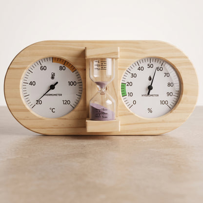 Wooden Sauna Thermometer & Hygrometer with 15-Minute Sand Timer