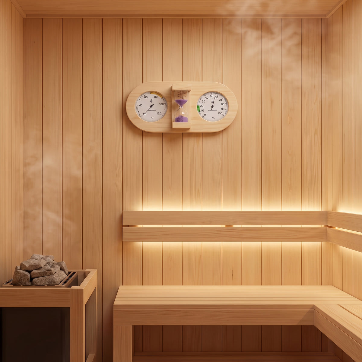 Wooden Sauna Thermometer & Hygrometer with 15-Minute Sand Timer