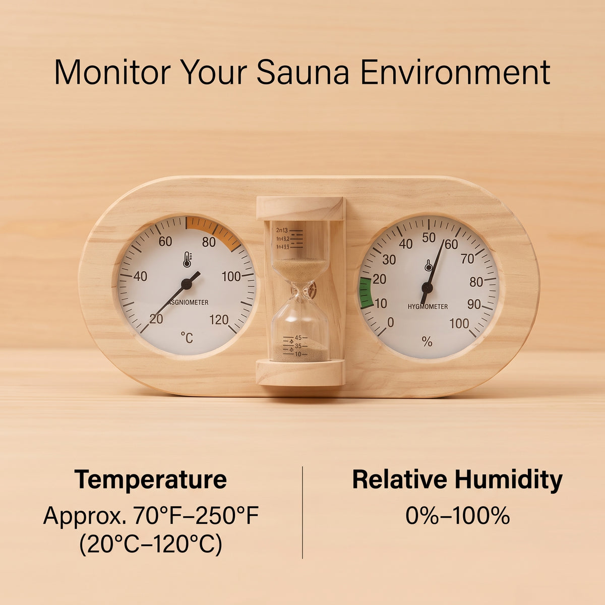 Wooden Sauna Thermometer & Hygrometer with 15-Minute Sand Timer