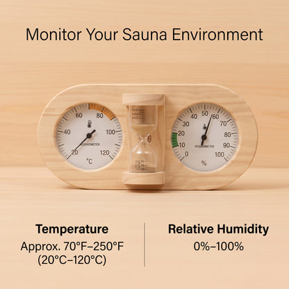 Wooden Sauna Thermometer & Hygrometer with 15-Minute Sand Timer