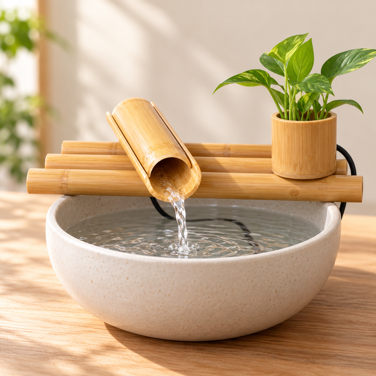 Bamboo Desktop Water Fountain with Recirculating Pump & Planter