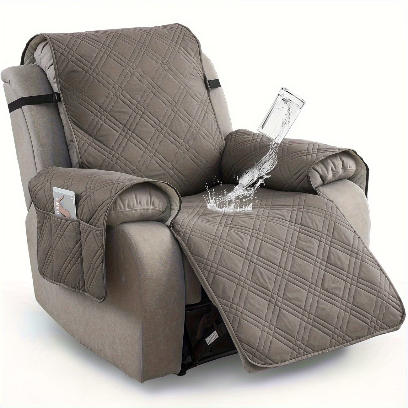 Waterproof Quilted Recliner Chair Cover With Non-Slip Backing & Storage Pockets