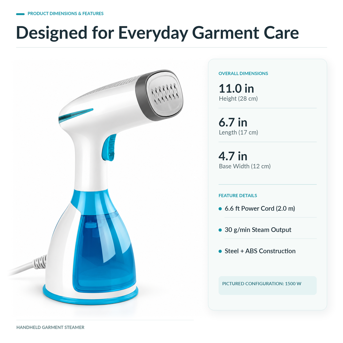 Handheld Garment Steamer with Continuous Steam Lock & Removable Tank
